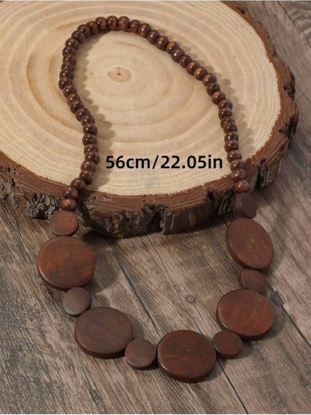 Rust Brown Wooden Disc Bead Necklace - Picture 2 of 3